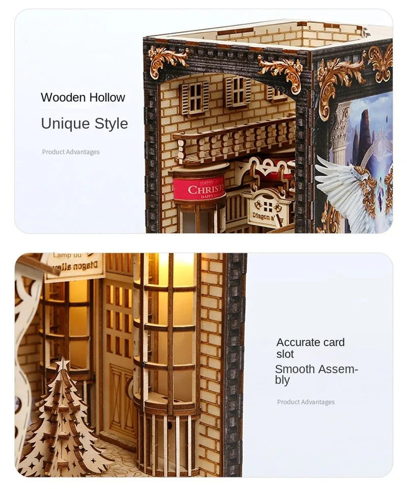 3D Wooden Puzzle Bookends Magic Book Nook Stand Kits Miniature Bookshelf Dollhouse Bookend Toys for Kids Christmas Gifts