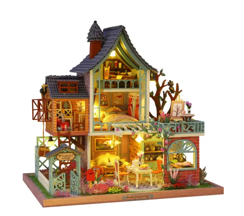 Doll House Miniature Wooden Doll DIY Assembly Building Model Villa Kit Production of Small Room Toys Home Bedroom Decorations with Fur