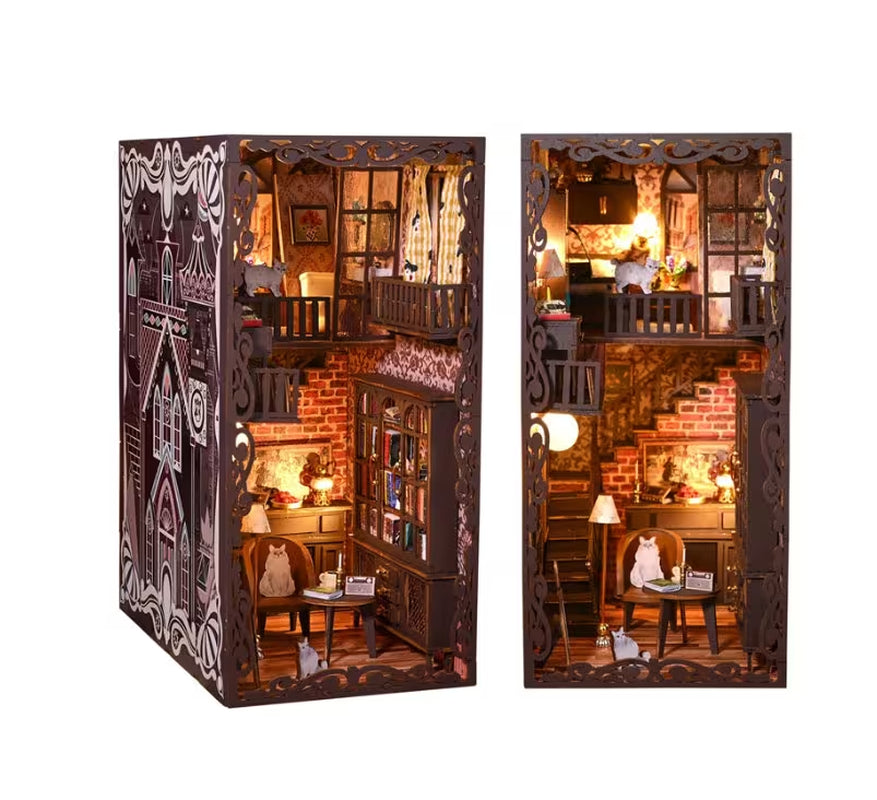 New Diy Book Nook Insert Kits Wooden Miniature Building Kit Magic Study Room Bookend with LED Light Bookshelf Home Decoration