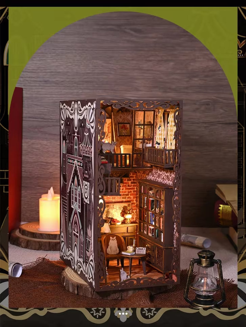 New Diy Book Nook Insert Kits Wooden Miniature Building Kit Magic Study Room Bookend with LED Light Bookshelf Home Decoration