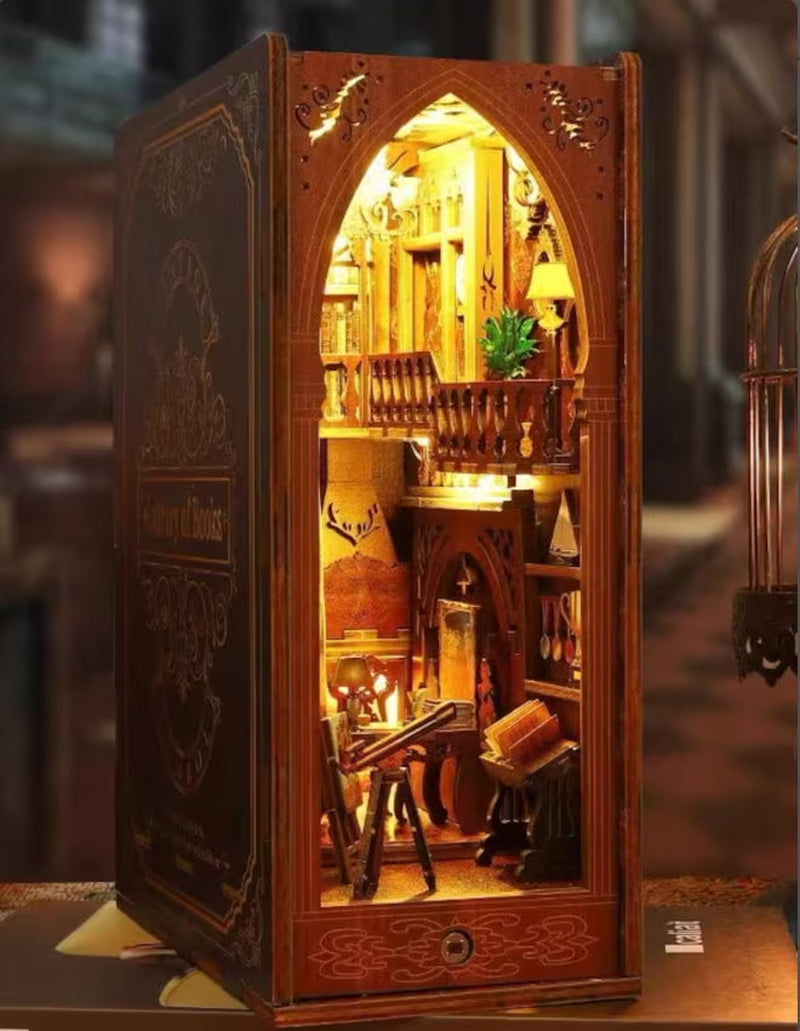 Book Nook Kit Diy Booknook Bookshelf Insert Décor Alley Book Nook Miniature Kit with Lights Wooden Puzzle Decorative Bookend Model Kits