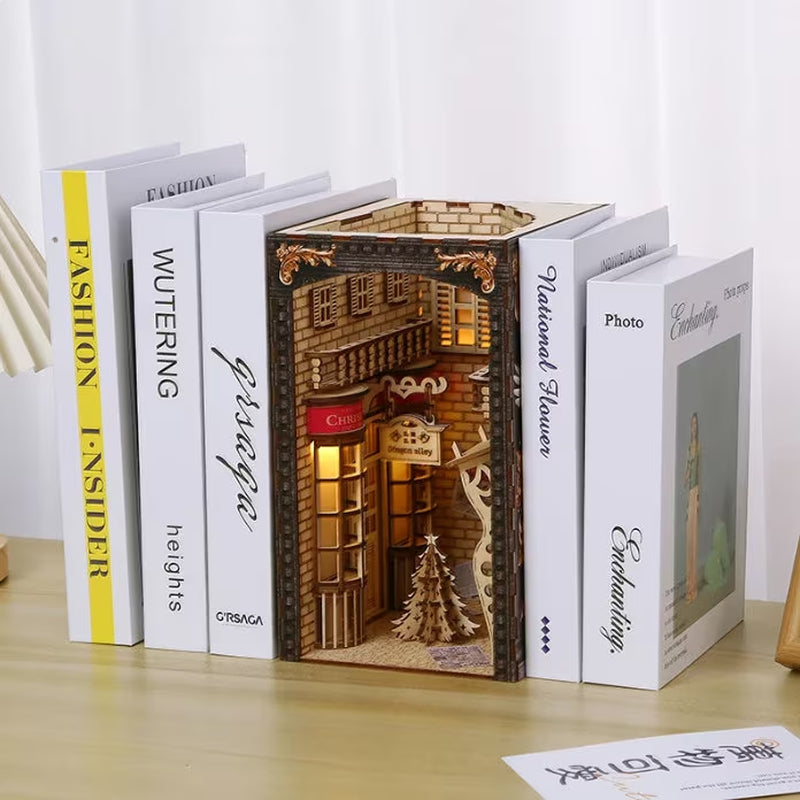 3D Wooden Puzzle Bookends Magic Book Nook Stand Kits Miniature Bookshelf Dollhouse Bookend Toys for Kids Christmas Gifts