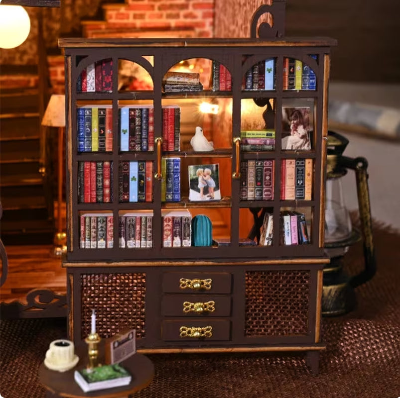 New Diy Book Nook Insert Kits Wooden Miniature Building Kit Magic Study Room Bookend with LED Light Bookshelf Home Decoration