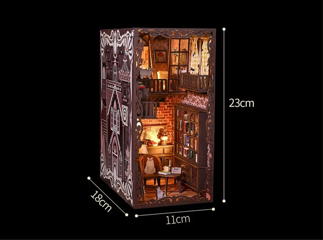 New Diy Book Nook Insert Kits Wooden Miniature Building Kit Magic Study Room Bookend with LED Light Bookshelf Home Decoration