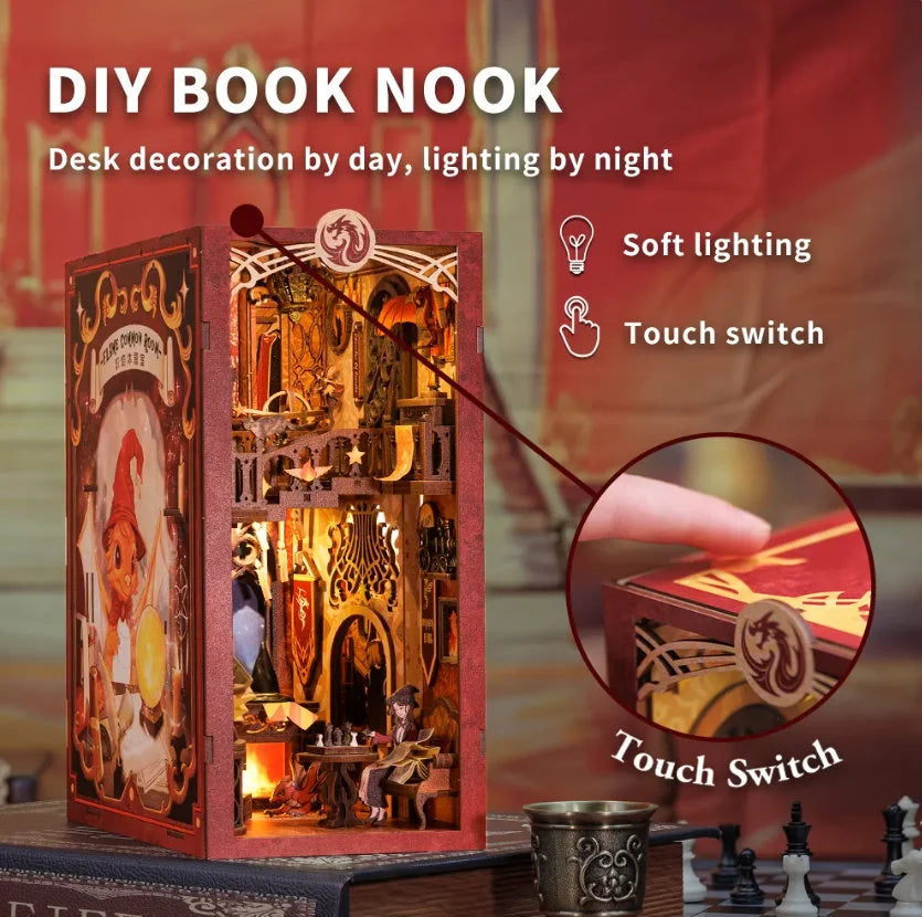 DIY Book Nook Doll House 3D Puzzle with Touch Light Dust Cover Handmade Bookshelf Insert Room Box Toy for Gifts Flame Common Room Diy Kit